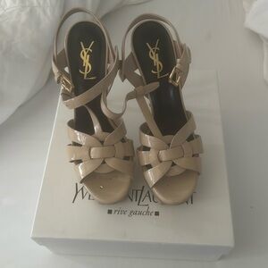 Ysl beige patent tribute heels